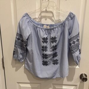 Sweet Wanderer Light Blue Blouse with Black Embroidery